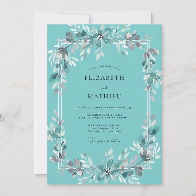 Invitación Boda Botánica Etérea Verde Azul (Anverso)