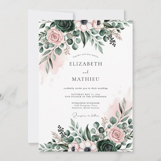 Invitación Boda Botánica Etérea Verde Esmeralda (Anverso)