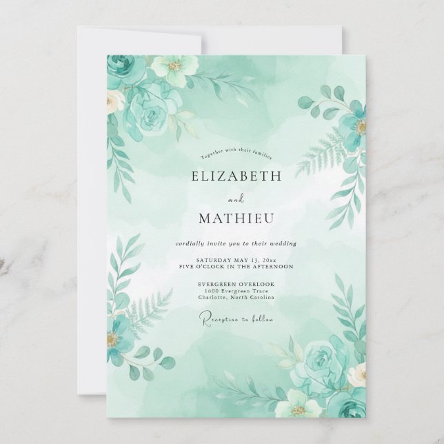 Invitación Boda Botánica Etérea Verde Espuma de Mar (Anverso)