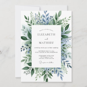 Invitación Boda Botánica Exquisita Azul Polvoriento