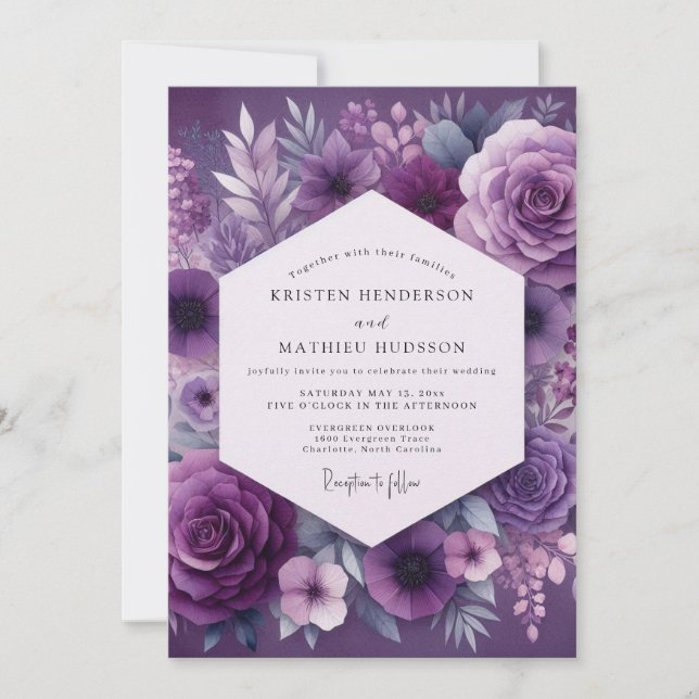 Invitación Boda Botánica Exuberante de Berenjena (Anverso)