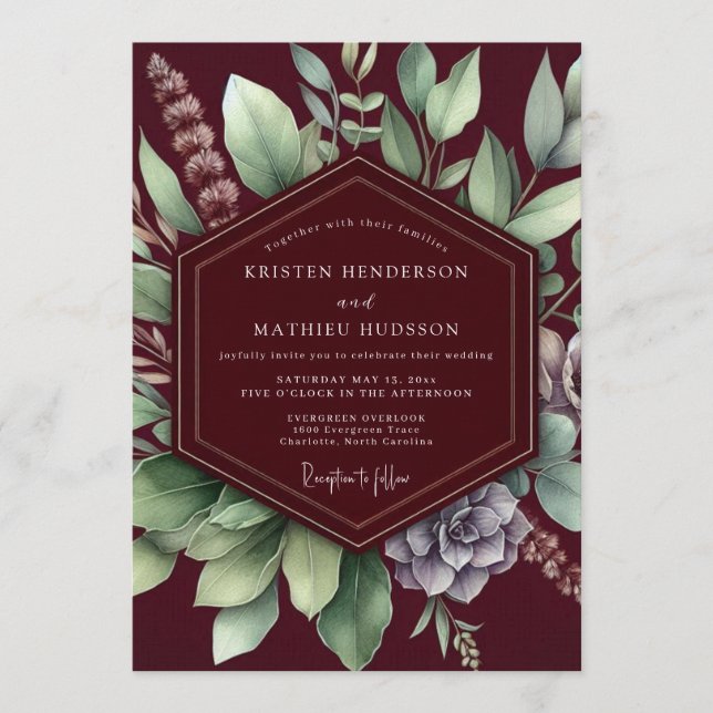 Invitación Boda botánica exuberante de Borgoña (Anverso)