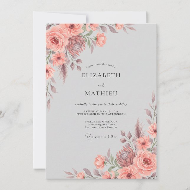 Invitación Boda Botánica Exuberante de Coral (Anverso)