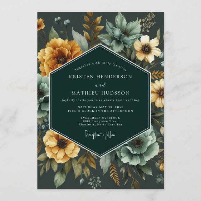 Invitación Boda botánica exuberante de esmeralda y maravilla  (Anverso)