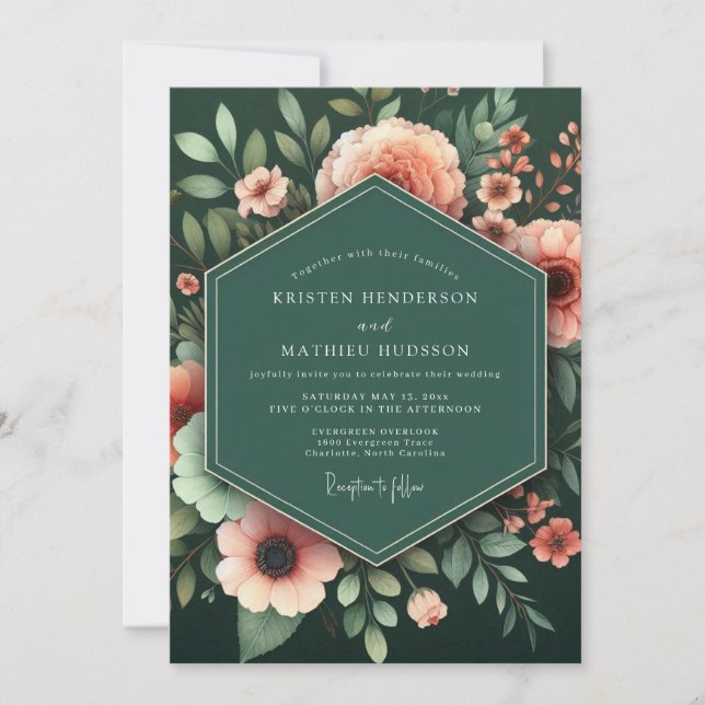Invitación Boda Botánica Exuberante de Esmeralda y Melocotón (Anverso)