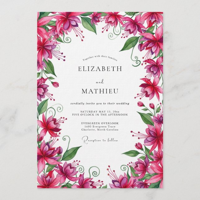 Invitación Boda botánica exuberante de fucsia (Anverso)
