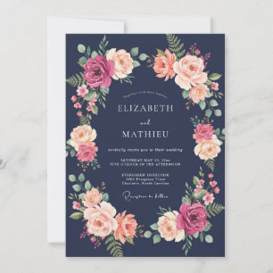Invitación Boda botánica exuberante de magenta naval