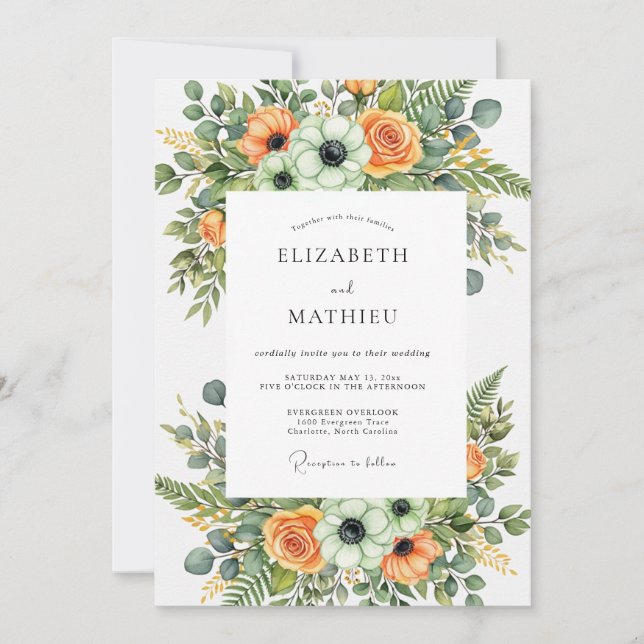 Invitación Boda Botánica Exuberante de Naranja (Anverso)