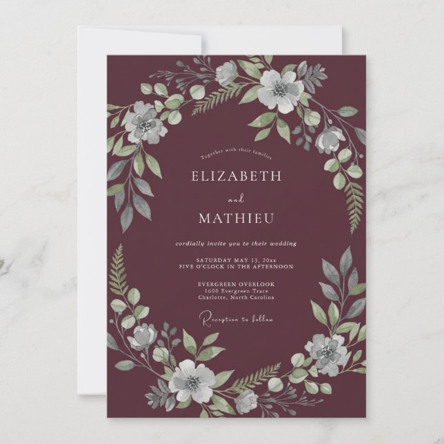 Invitación Boda Botánica Exuberante en Burdeos (Anverso)