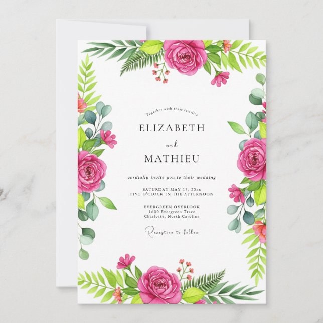 Invitación Boda Botánica Exuberante Rosa Fucsia (Anverso)
