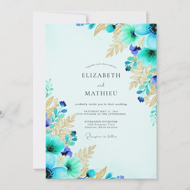 Invitación Boda Botánica Exuberante Turquesa (Anverso)