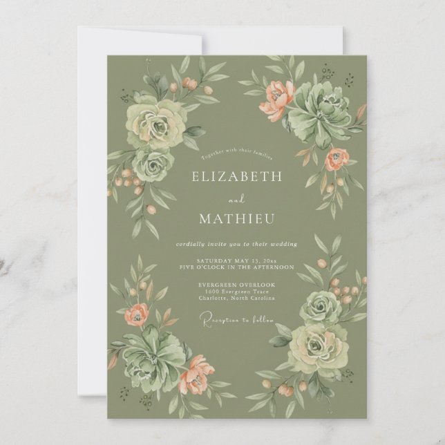 Invitación Boda Botánica Exuberante Verde Oliva (Anverso)