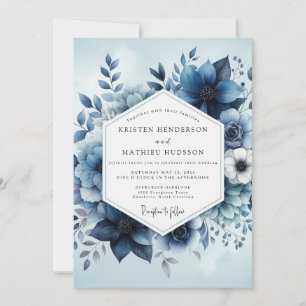 Invitación Boda Botánica Fantasía Azul Profundo