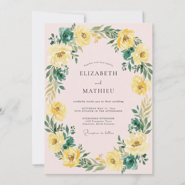 Invitación Boda Botánica Feliz Amarillo Dorado (Anverso)