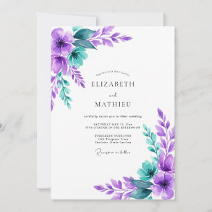 Invitación Boda Botánica Feliz de Purpura y Verde Azulado