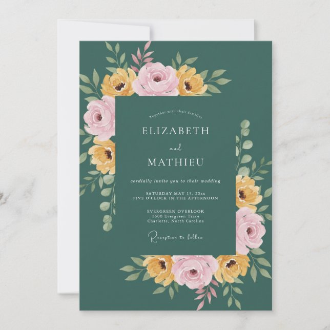 Invitación Boda Botánica Feliz Turquesa (Anverso)