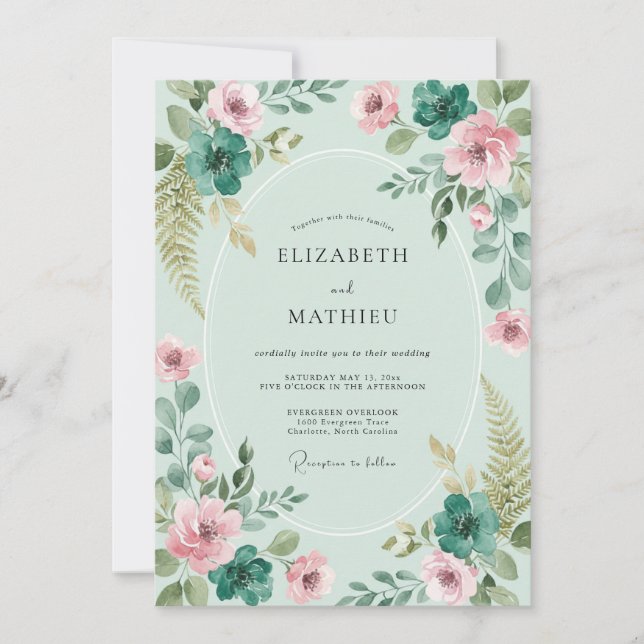 Invitación Boda Botánica Feliz Verde Menta (Anverso)