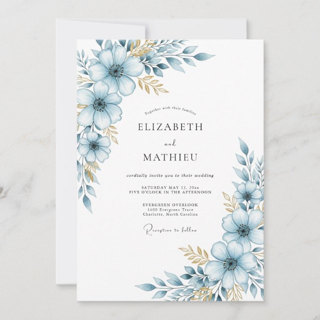 Invitación Boda Botánica Flor Azul Suave (Anverso)