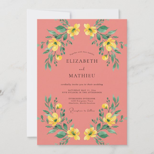 Invitación Boda Botánica Flor de Amarillo Coral (Anverso)