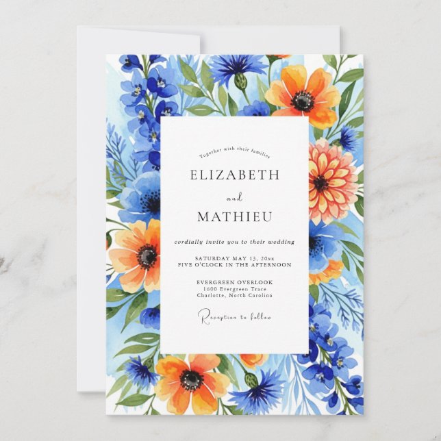 Invitación Boda Botánica Flor de Naranja Azul (Anverso)