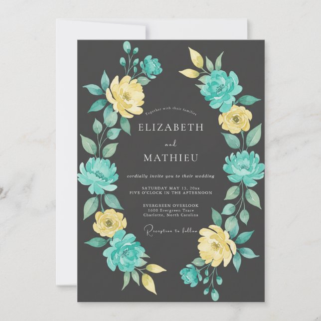 Invitación Boda Botánica Floral Amarillo Verde Acuático (Anverso)