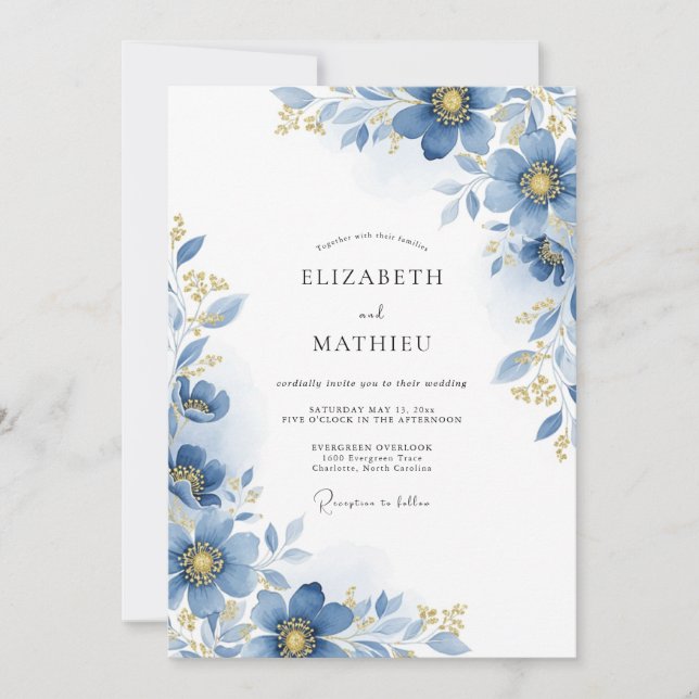 Invitación Boda Botánica Floral Azul (Anverso)