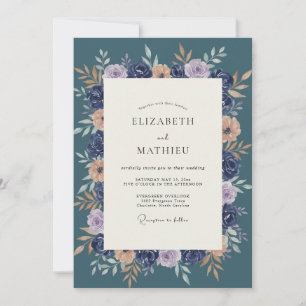 Invitación Boda Botánica Floral Azul Marino