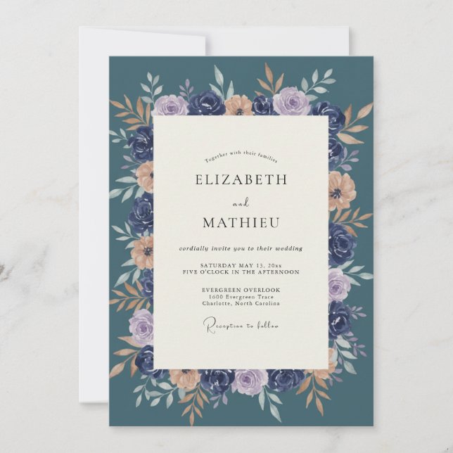 Invitación Boda Botánica Floral Azul Marino (Anverso)