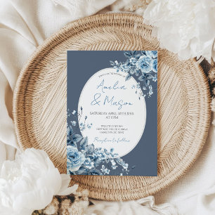 Invitación Boda Botánica Floral Azul Polvoriento Elegante