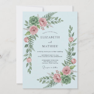 Invitación Boda Botánica Floral Azul Polvoriento Romántica
