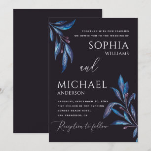 Invitación Boda botánica floral azul púrpura acuarela