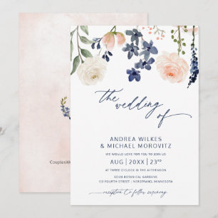 Invitación Boda Botánica Floral Azul y Melocotón