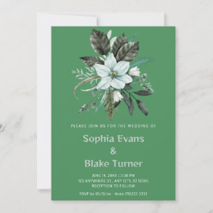 Invitación Boda Botánica Floral Azul y Verde Fondo Verde Oscu
