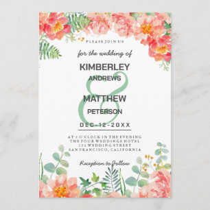 Invitación Boda botánica floral de acuarela rosa coral