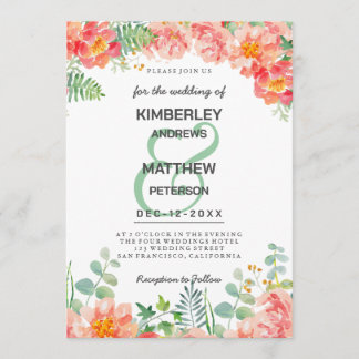 Invitación Boda botánica floral de acuarela rosa coral