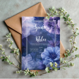 Invitación Boda Botánica Floral Malhumorada Morada Azul Marin