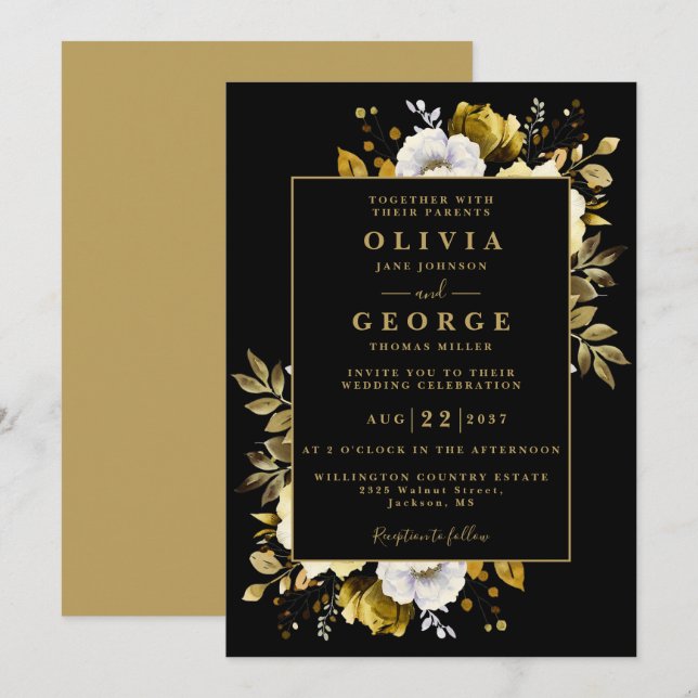 Invitación Boda Botánica Floral Moderna de Negro y Dorado (Anverso / Reverso)