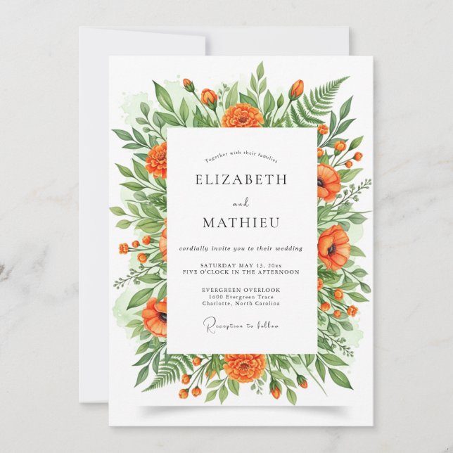 Invitación Boda Botánica Floral Naranja (Anverso)