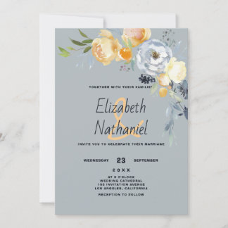 Invitación Boda botánica floral naranja azul blanco campestre