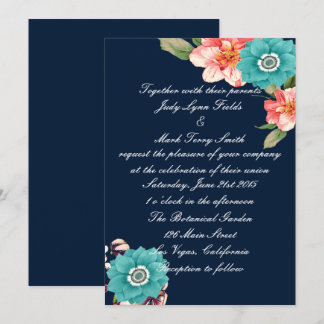 Invitación Boda Botánica Floral Romántica Azul y Rosa