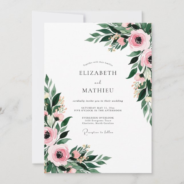 Invitación Boda Botánica Floral Rosa (Anverso)