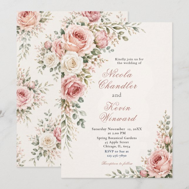 Invitación Boda Botánica Floral Rosa Rubor (Anverso / Reverso)