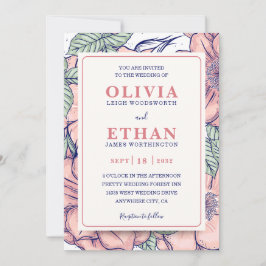 Invitación Boda Botánica Floral Rosa Rústica Dibujada a Mano