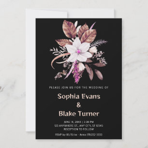 Invitación Boda Botánica Floral Rosa y Marrón sobre Fondo Neg