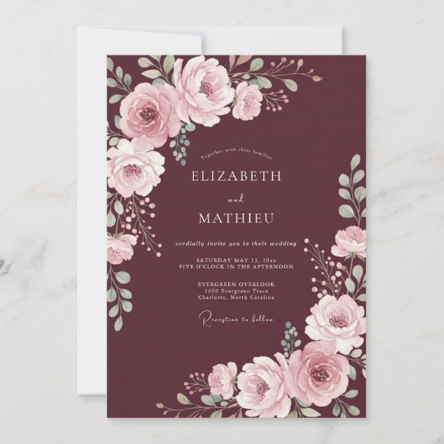 Invitación Boda Botánica Floral Rubor Granate (Anverso)