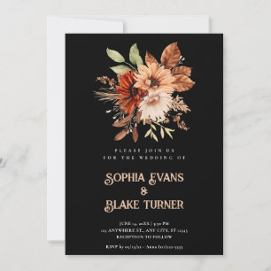 Invitación Boda Botánica Floral Rústica de Otoño en Negro