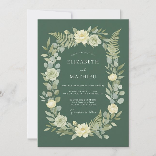 Invitación Boda Botánica Floral Verde Esmeralda (Anverso)