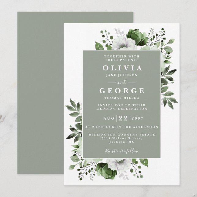 Invitación Boda Botánica Floral Verde Salvia Moderna (Anverso / Reverso)