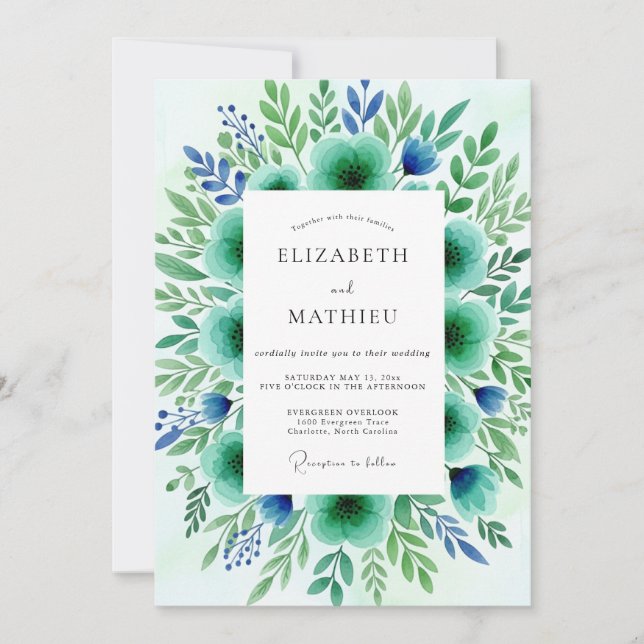 Invitación Boda Botánica Floral Verde Teal (Anverso)