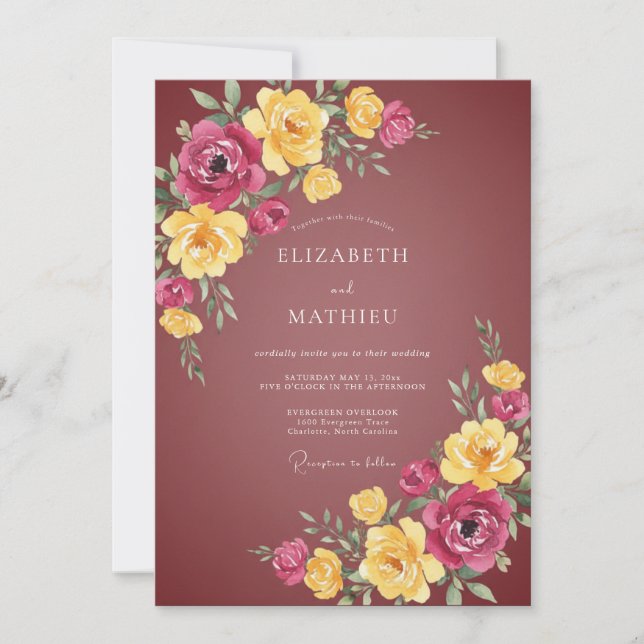 Invitación Boda Botánica Floreciente de Borgoña (Anverso)